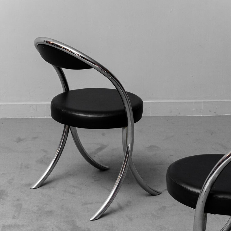 Set of 6 vintage chairs in chromed metal and black faux leather, 1970