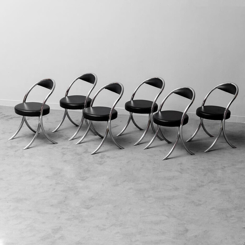 Set of 6 vintage chairs in chromed metal and black faux leather, 1970