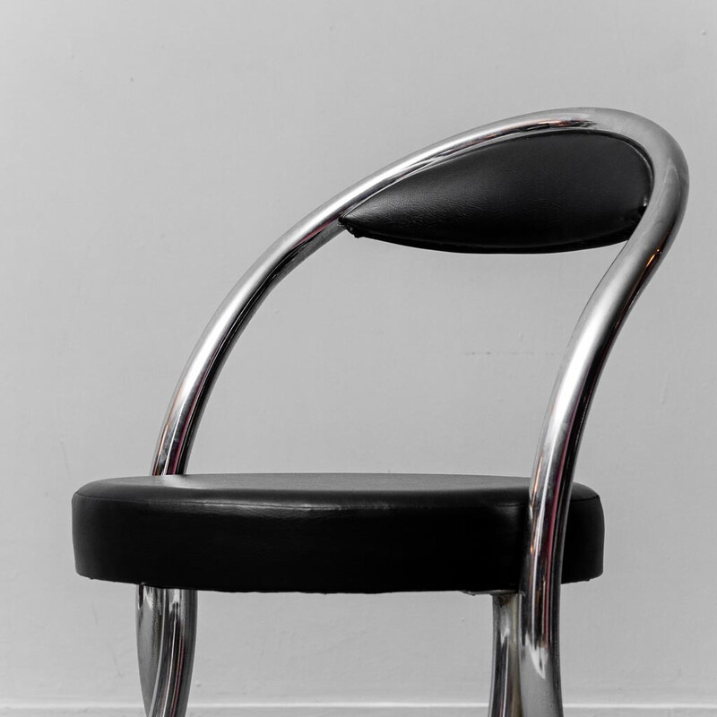 Juego de 6 sillas vintage de metal cromado y piel sintética negra, 1970