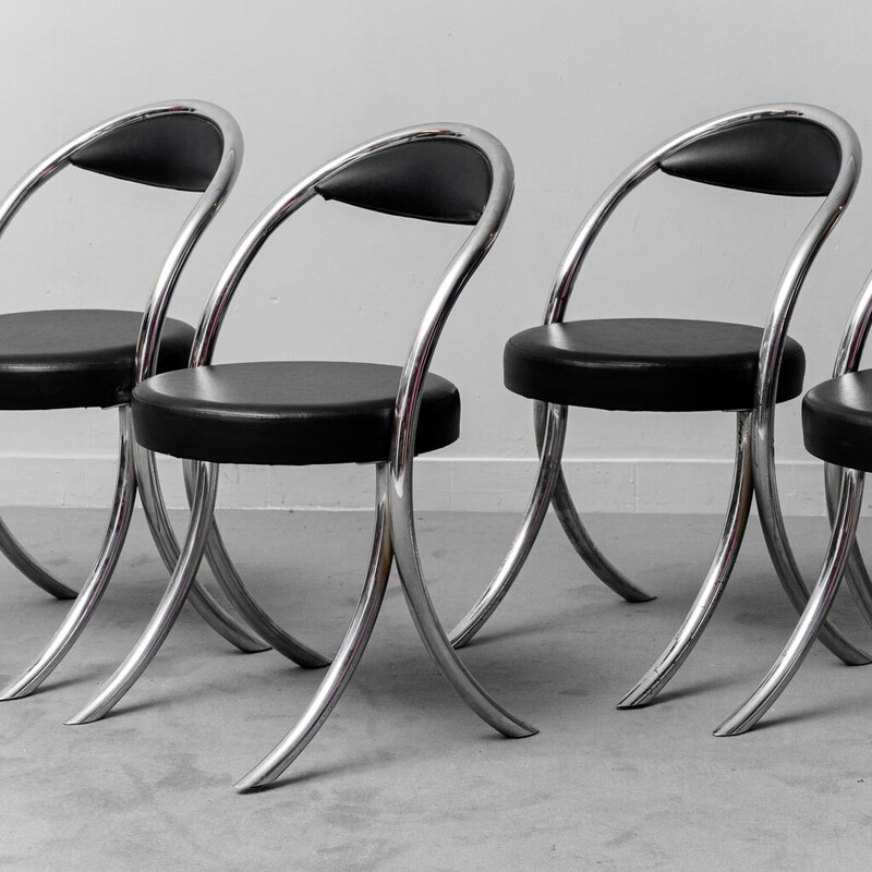 Set of 6 vintage chairs in chromed metal and black faux leather, 1970