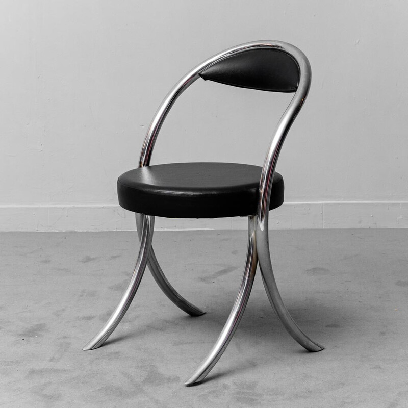 Conjunto de 6 cadeiras vintage em metal cromado e couro preto falso, 1970
