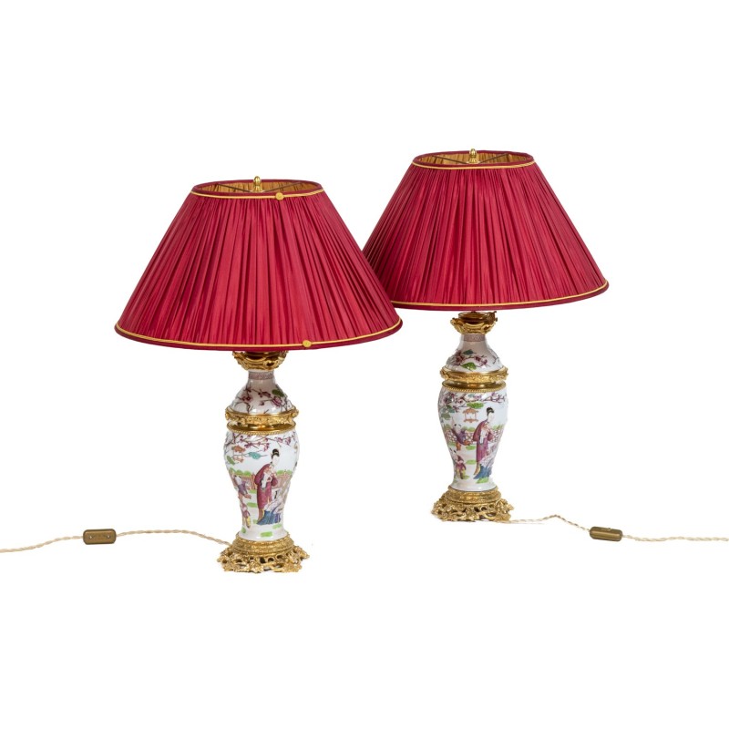 Pair of vintage Canton porcelain and gilt bronze lamps, 1880s