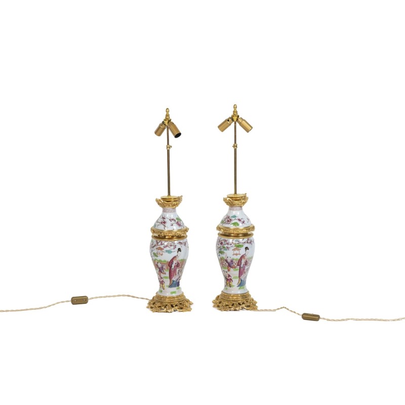 Pair of vintage Canton porcelain and gilt bronze lamps, 1880s