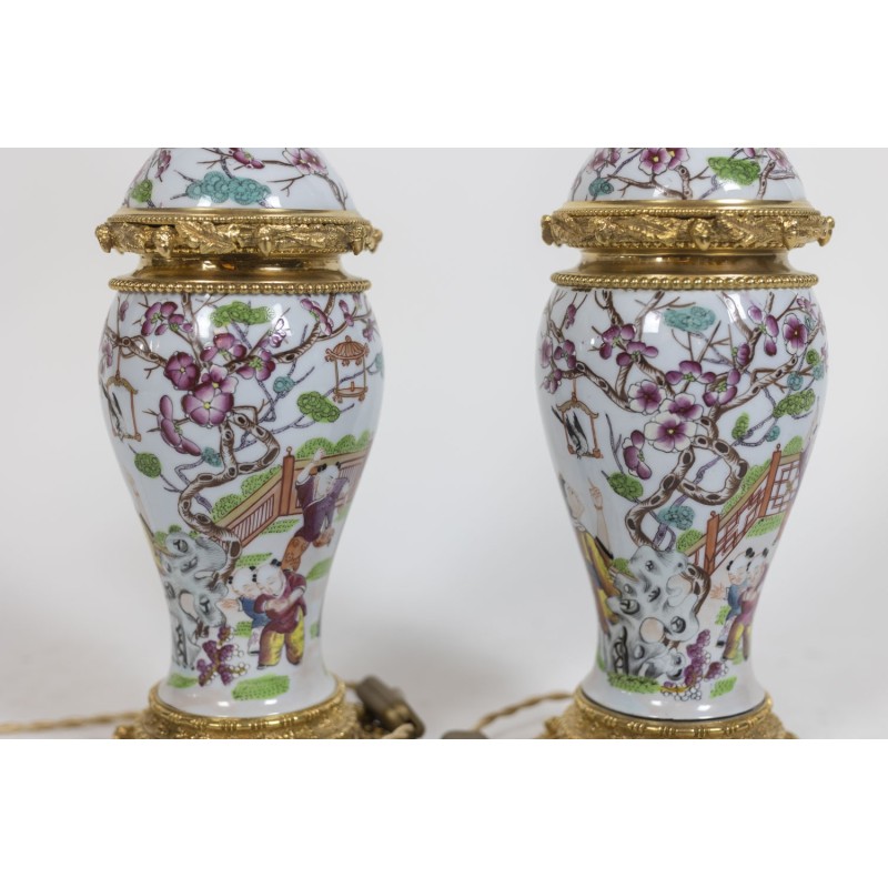 Pair of vintage Canton porcelain and gilt bronze lamps, 1880s