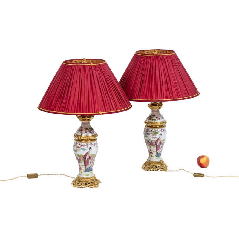 Pair of vintage Canton porcelain and gilt bronze lamps, 1880s