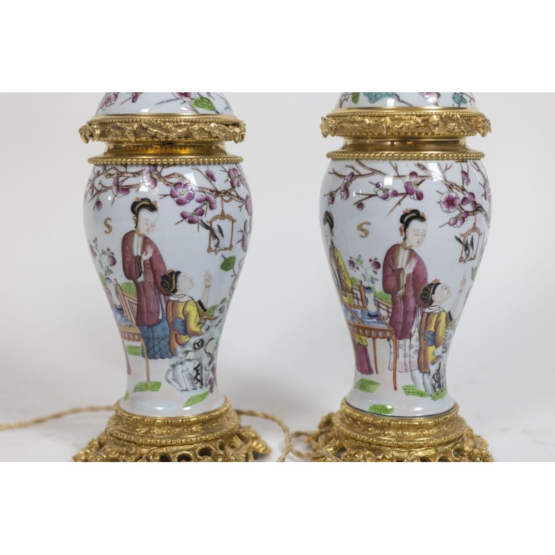 Pair of vintage Canton porcelain and gilt bronze lamps, 1880s