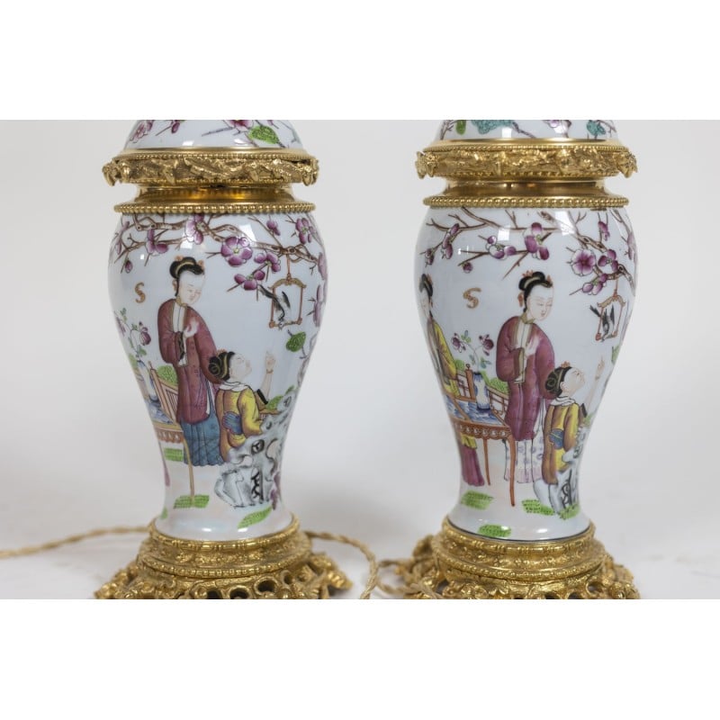 Par de candeeiros de porcelana Canton vintage e bronze dourado, 1880