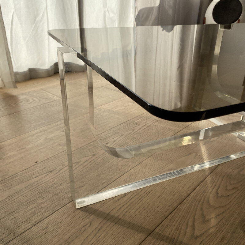 Vintage coffee table in smoked glass and lucite by Michel Dumas, France 1970s