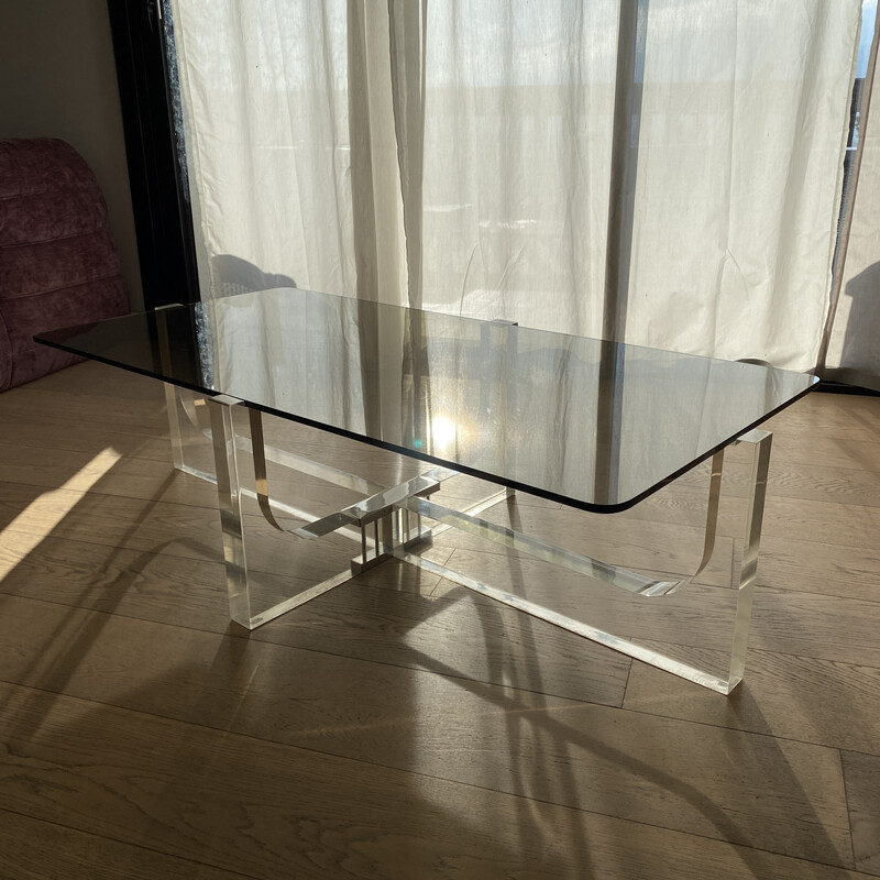 Vintage coffee table in smoked glass and lucite by Michel Dumas, France 1970s