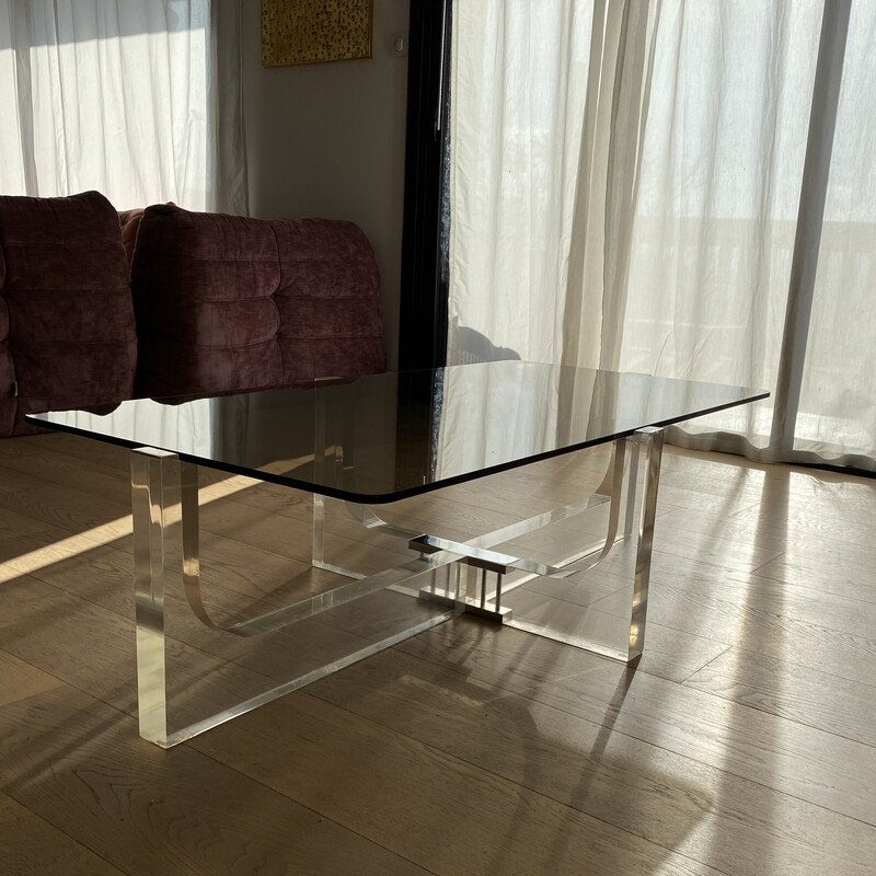 Mesa de café Vintage em vidro fumado e lucite por Michel Dumas, França 1970