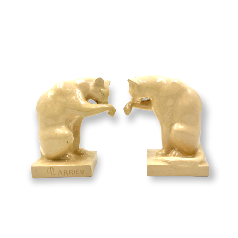 Vintage Art Deco craquelé cream Panthers bookends, France 1930s