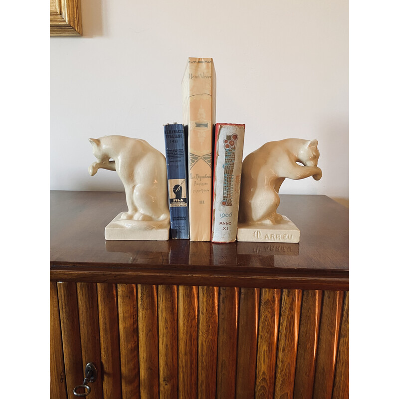 Vintage Art Deco craquelé cream Panthers bookends, France 1930s