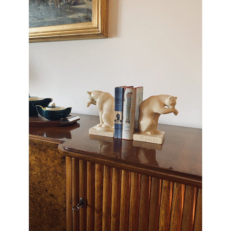 Vintage Art Deco craquelé cream Panthers bookends, France 1930s