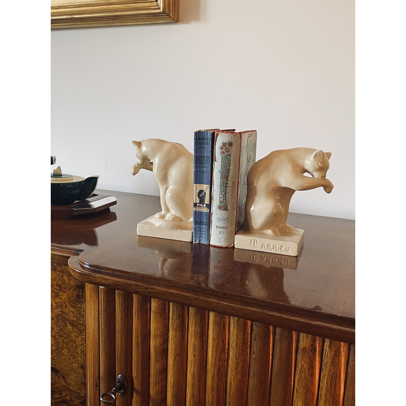 Vintage Art Deco craquelé cream Panthers bookends, France 1930s