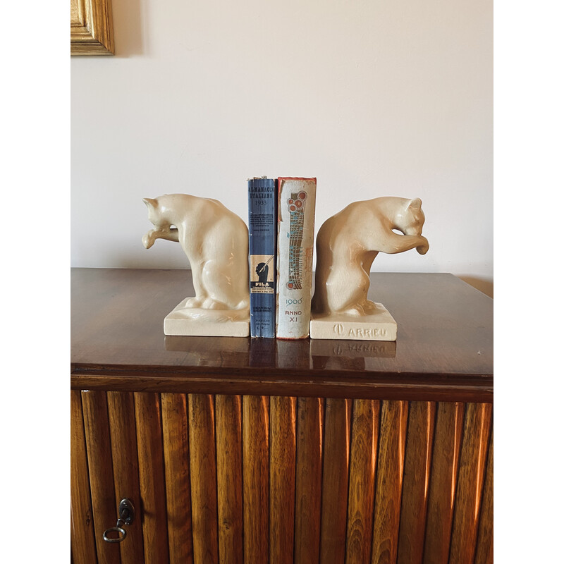 Vintage Art Deco craquelé cream Panthers bookends, France 1930s