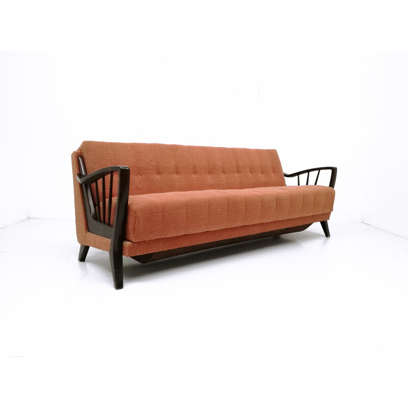 Pink 3-seater folding sofa in ashwood and fabric - 1950s