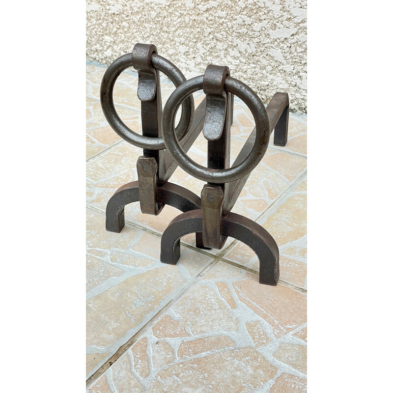 Pair of vintage Brutalist steel andirons