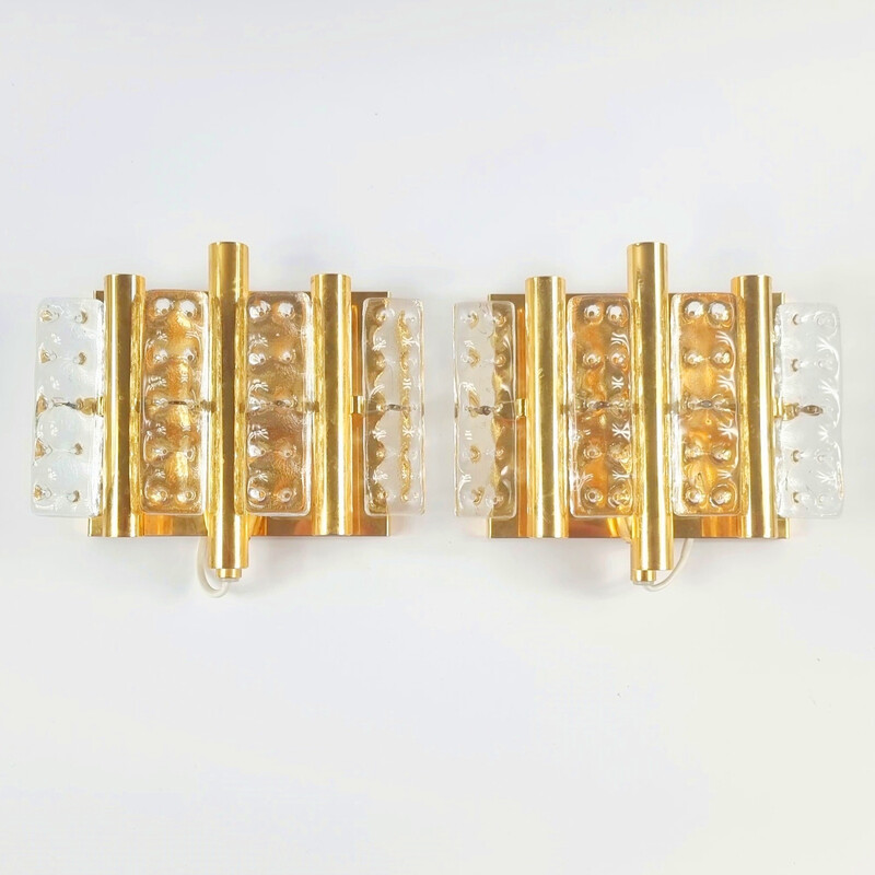 Pair of scandinavian vintage glass and brass wall lamps by Carl Fagerlund for Lyfa, 1960s