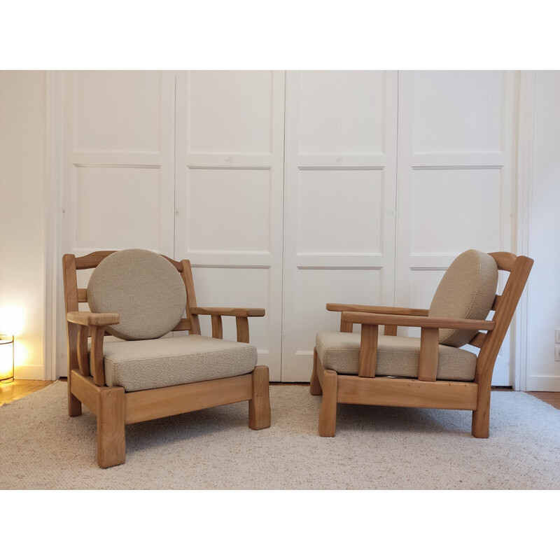 Pair of vintage wood and fabric armchairs
