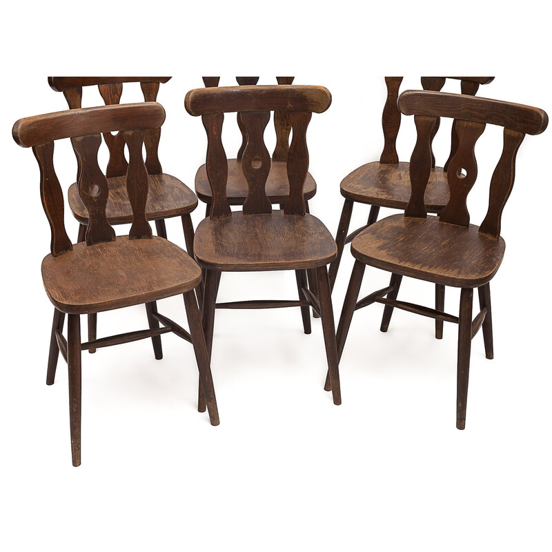 Conjunto de 7 cadeiras de bistrô vintage em madeira preciosa, 1950