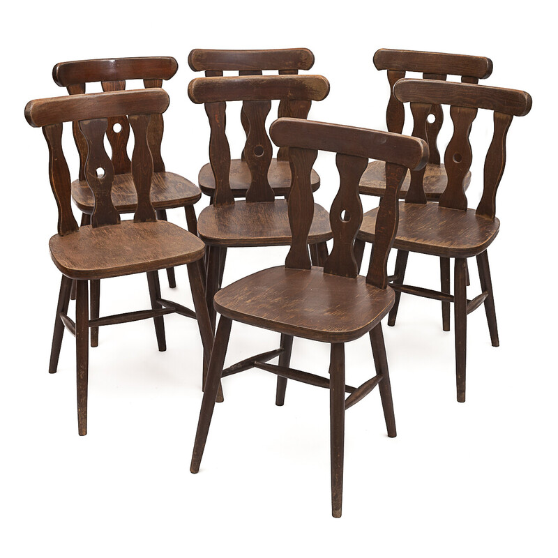 Lot de 7 chaises bistrot vintage en bois précieux, 1950