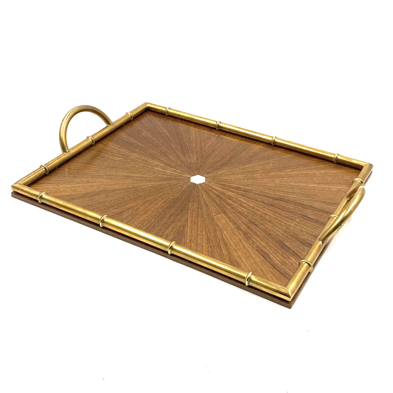 Vintage brass and wood tray, Italy 1970s