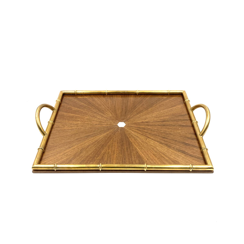 Vintage brass and wood tray, Italy 1970s