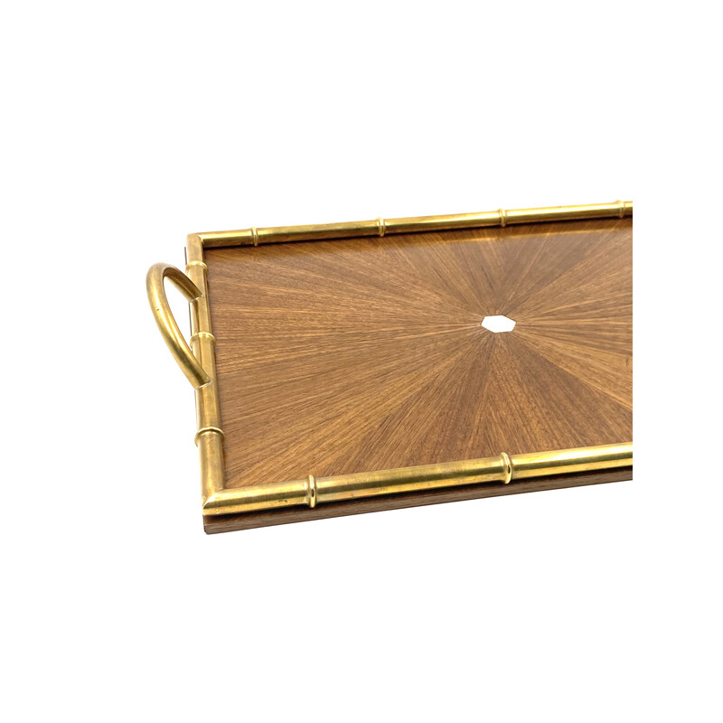 Vintage brass and wood tray, Italy 1970s