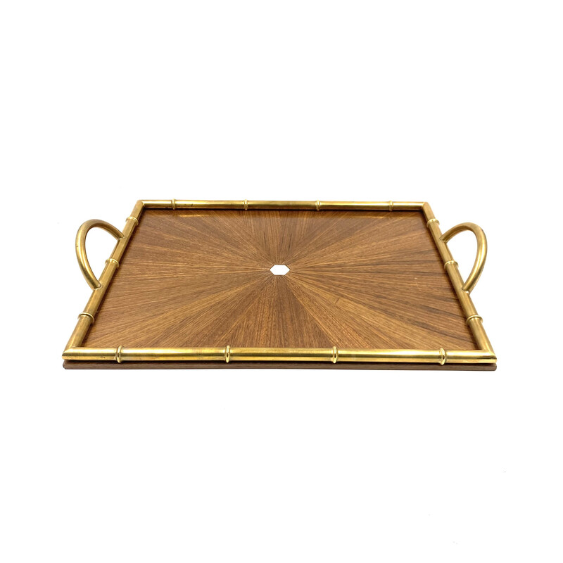 Vintage brass and wood tray, Italy 1970s