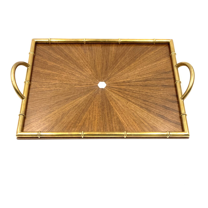 Vintage brass and wood tray, Italy 1970s