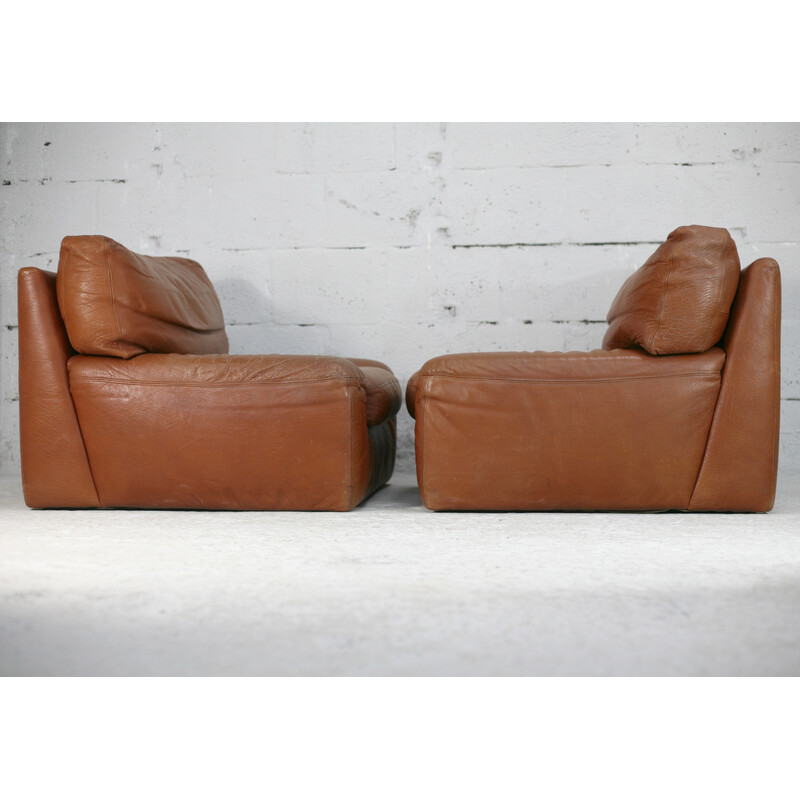 Pair of vintage "fawn" leather armchairs by Gerard Guermonprez, France 1975s