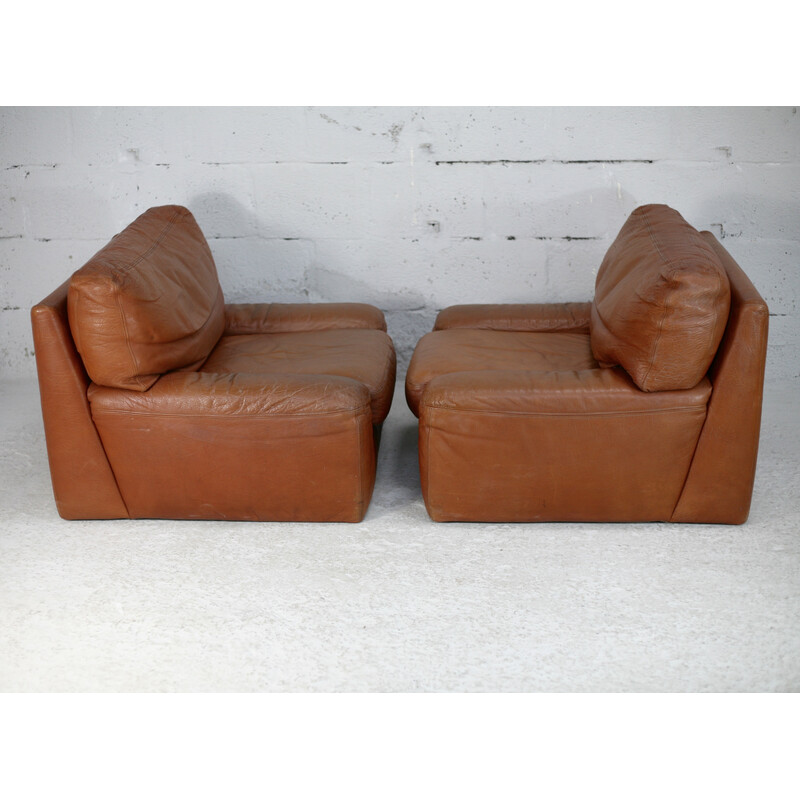 Pair of vintage "fawn" leather armchairs by Gerard Guermonprez, France 1975s