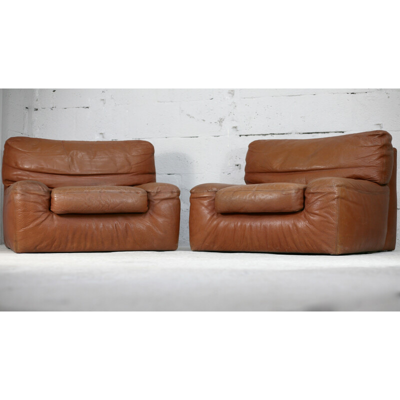 Pair of vintage "fawn" leather armchairs by Gerard Guermonprez, France 1975s