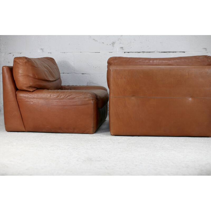 Pair of vintage "fawn" leather armchairs by Gerard Guermonprez, France 1975s