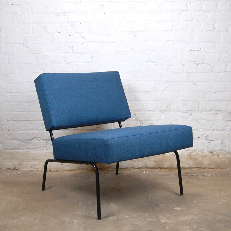 Vintage "Meurop" fauteuil in hout, stof en staal van Pierre Guariche voor Meurop, 1963