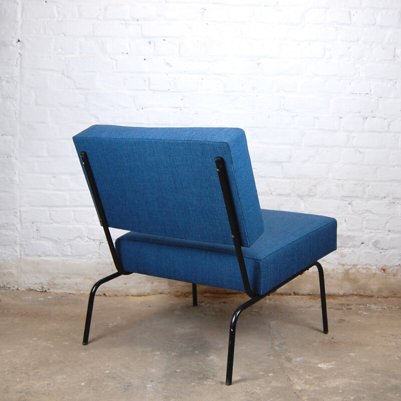 Vintage "Meurop" fauteuil in hout, stof en staal van Pierre Guariche voor Meurop, 1963