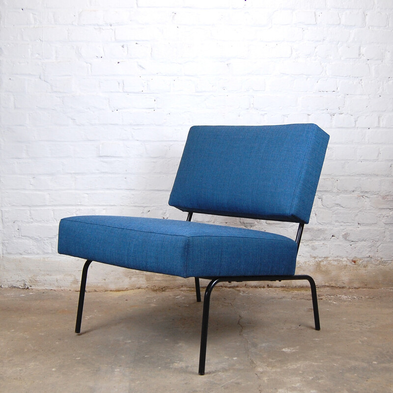 Vintage "Meurop" fauteuil in hout, stof en staal van Pierre Guariche voor Meurop, 1963