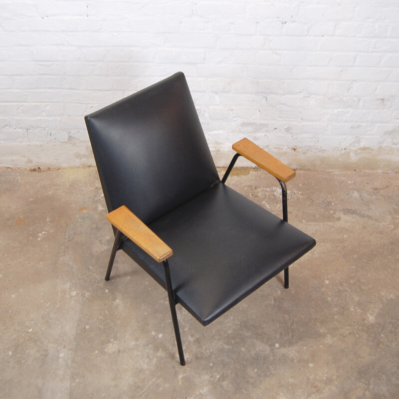 Vintage "Robert" fauteuil in hout, kunstleer en staal van Pierre Guariche voor Meurop, 1962-1967