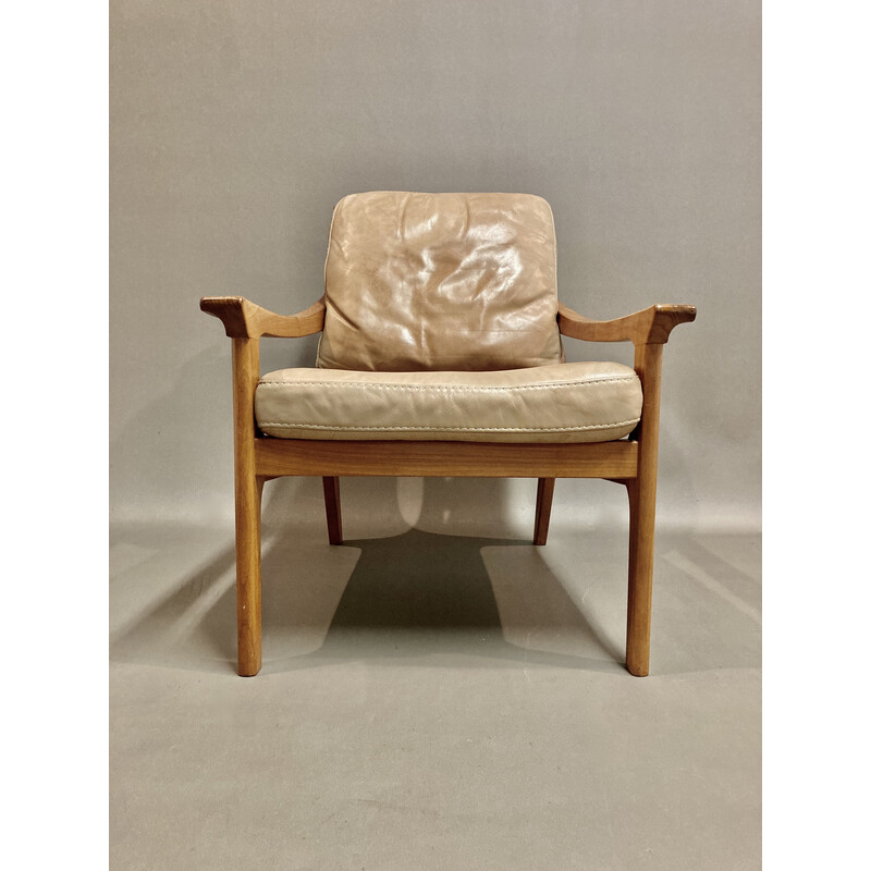 Fauteuil vintage scandinave en teck et cuir, 1950