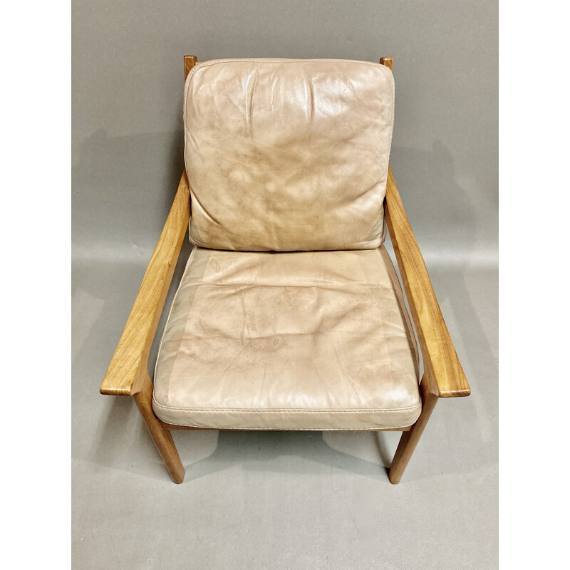 Scandinavian vintage armchair in teak and leather, 1950s