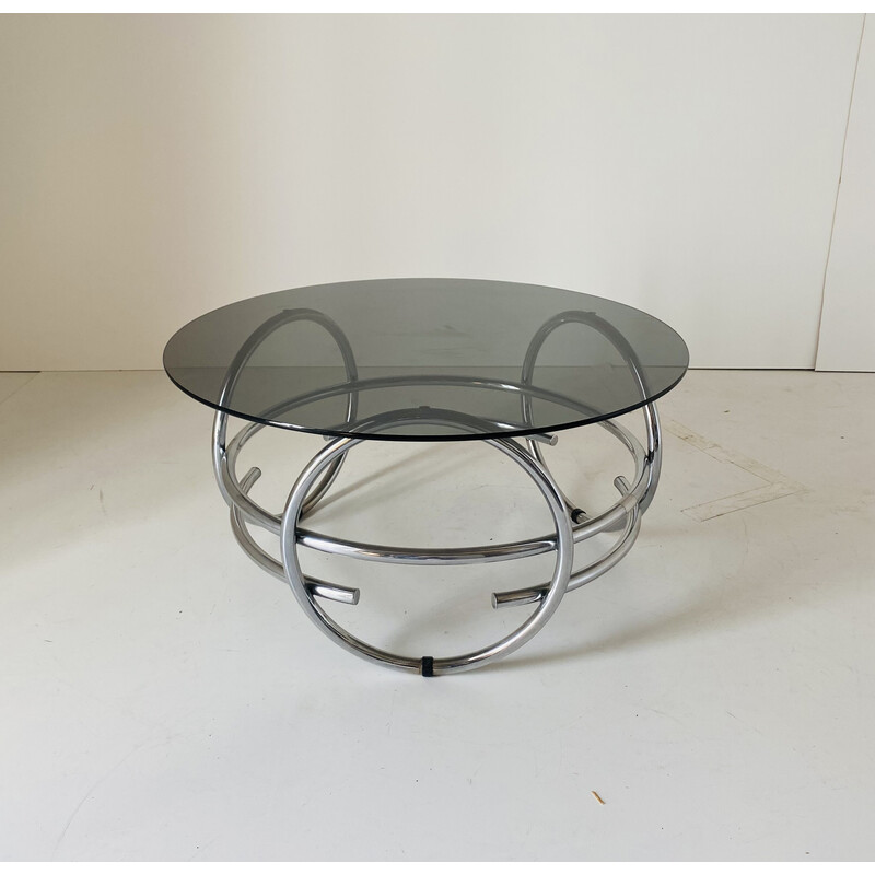 Vintage space age round coffee table with smoked glass top, 1970s