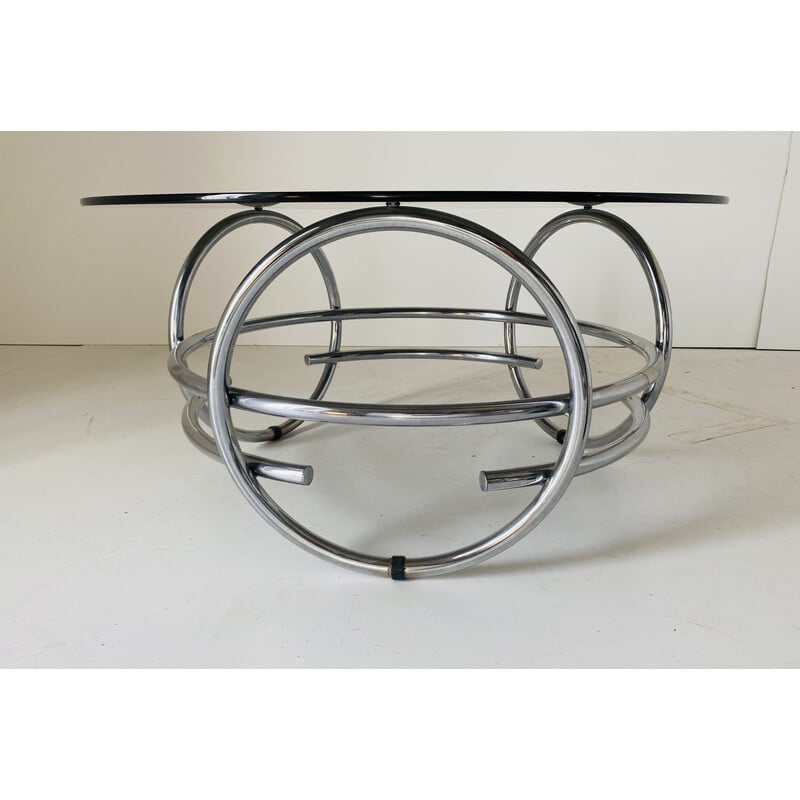 Vintage space age round coffee table with smoked glass top, 1970s