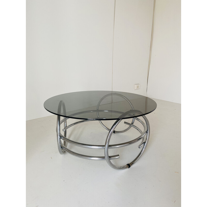 Vintage space age round coffee table with smoked glass top, 1970s