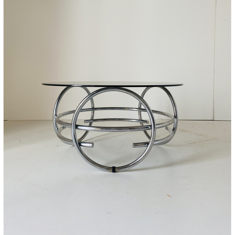 Vintage space age round coffee table with smoked glass top, 1970s