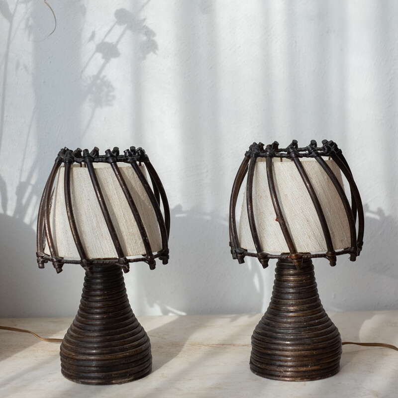 Pair of vintage Louis Sognot lamps in rattan, 1950