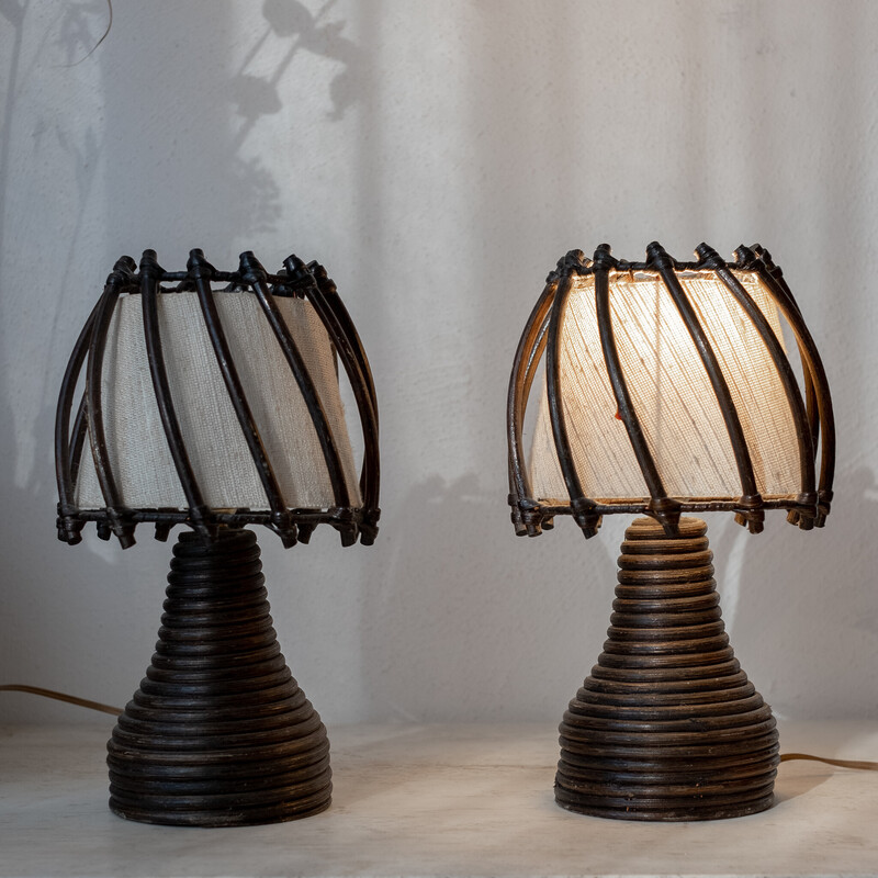 Pair of vintage Louis Sognot lamps in rattan, 1950