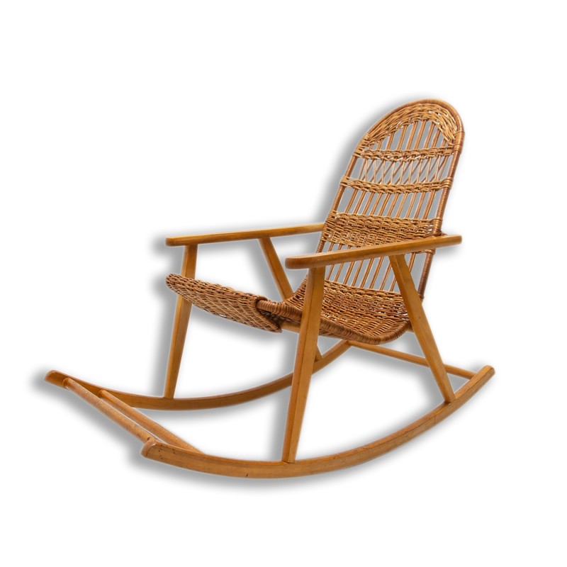 Mid century wicker rocking chair, Czechoslovakia 1960s