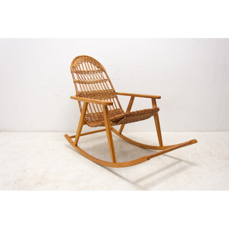 Mid century wicker rocking chair, Czechoslovakia 1960s