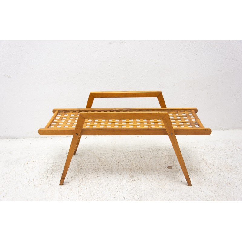 Mid century plant stand in beech wood with woven leather, Czechoslovakia 1970s