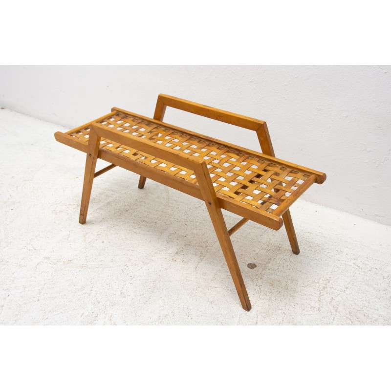 Mid century plant stand in beech wood with woven leather, Czechoslovakia 1970s